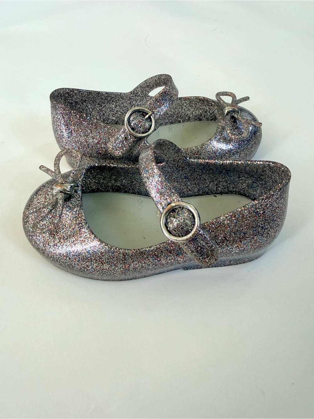 Mini Melissa Sweet Love Silver Glitter Bow Mary Jane Flats Size 7 Toddler